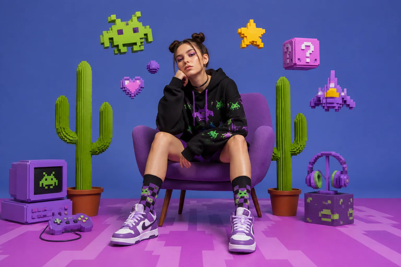 Persona in un ambiente colorato ispirato al gaming
