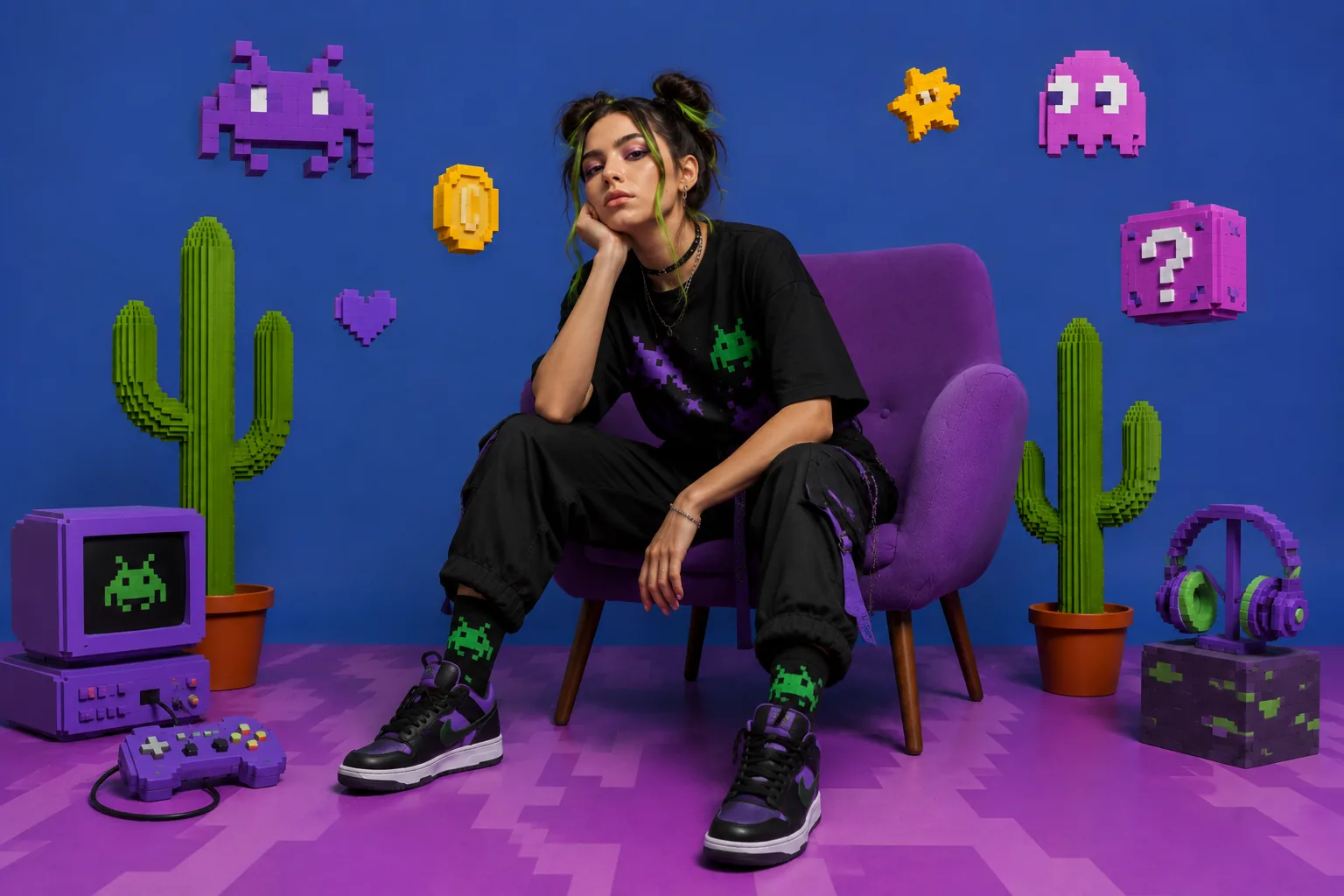 Giocatrice seduta in una poltrona viola in un ambiente di gioco colorato