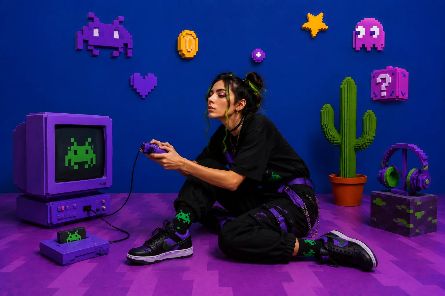 Persona che gioca ai videogiochi in una stanza colorata
