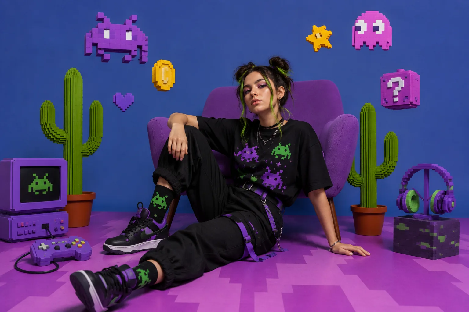Persona seduta in un ambiente colorato ispirato ai videogiochi